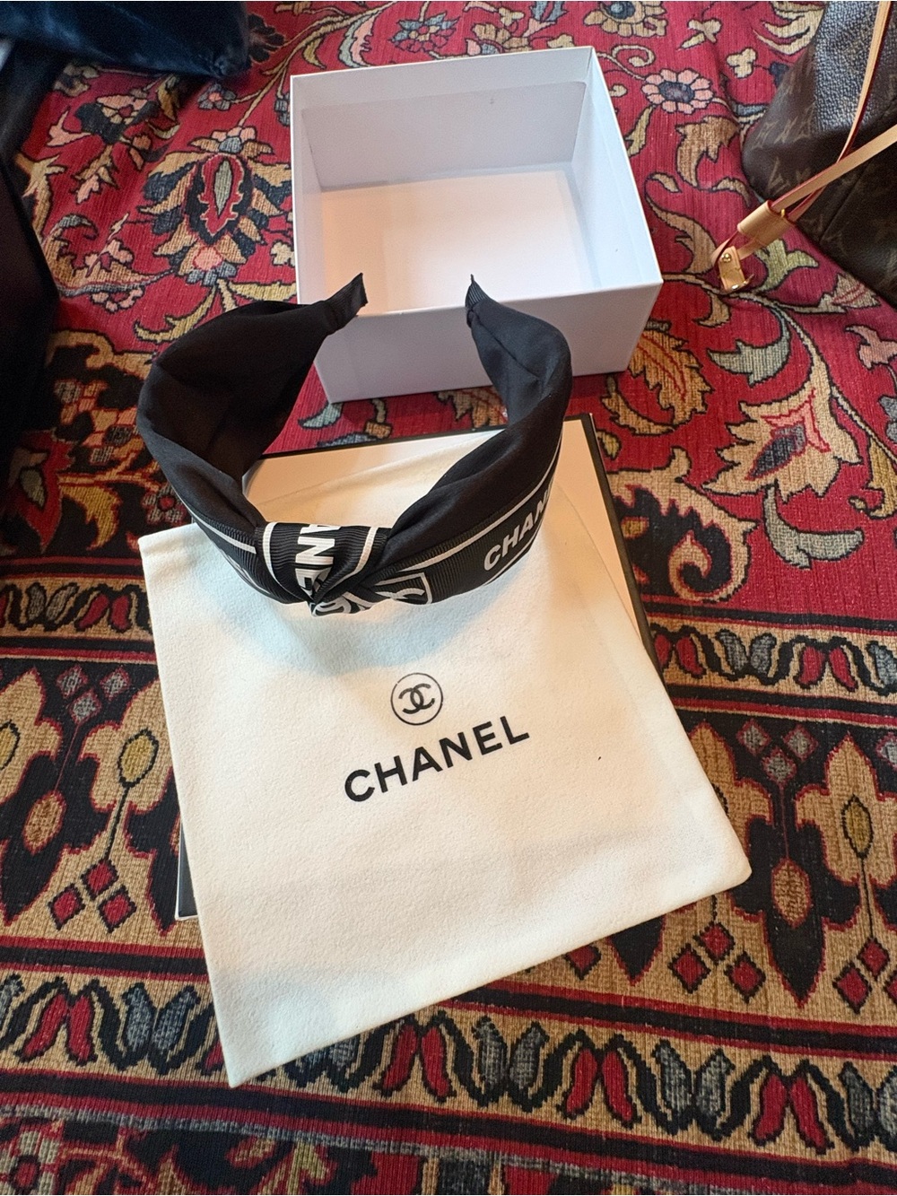 CHANEL Black Logo Knot Headband